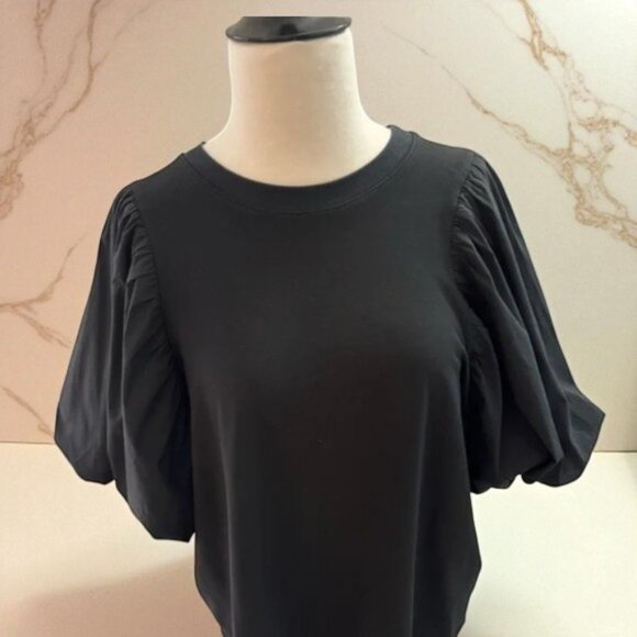 CINQ À SEPT Moda Black Mixed-Media Puff-Sleeve Top Women’s Size M - Picture 1 of 15